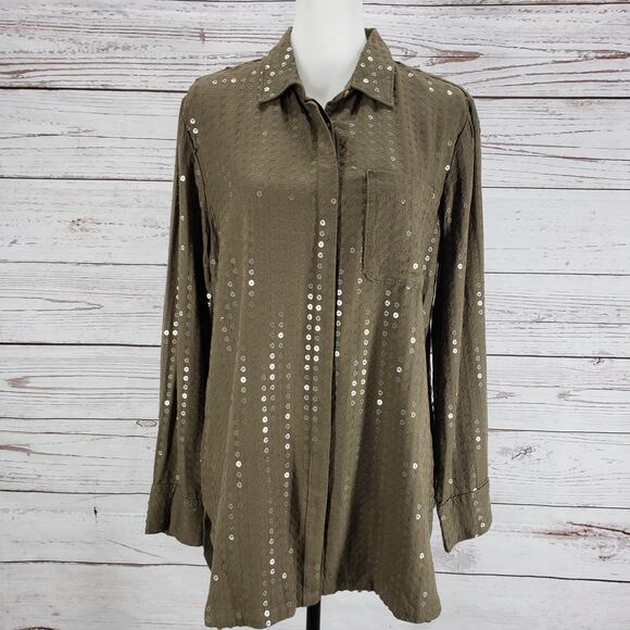 Maeve Anthropologie Women's Olive Green Sequined Button Up Top Size Medium - Picture 1 of 15